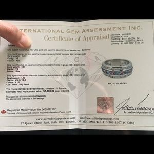 Custom19k diamond, pink sapphire & aquamarine band